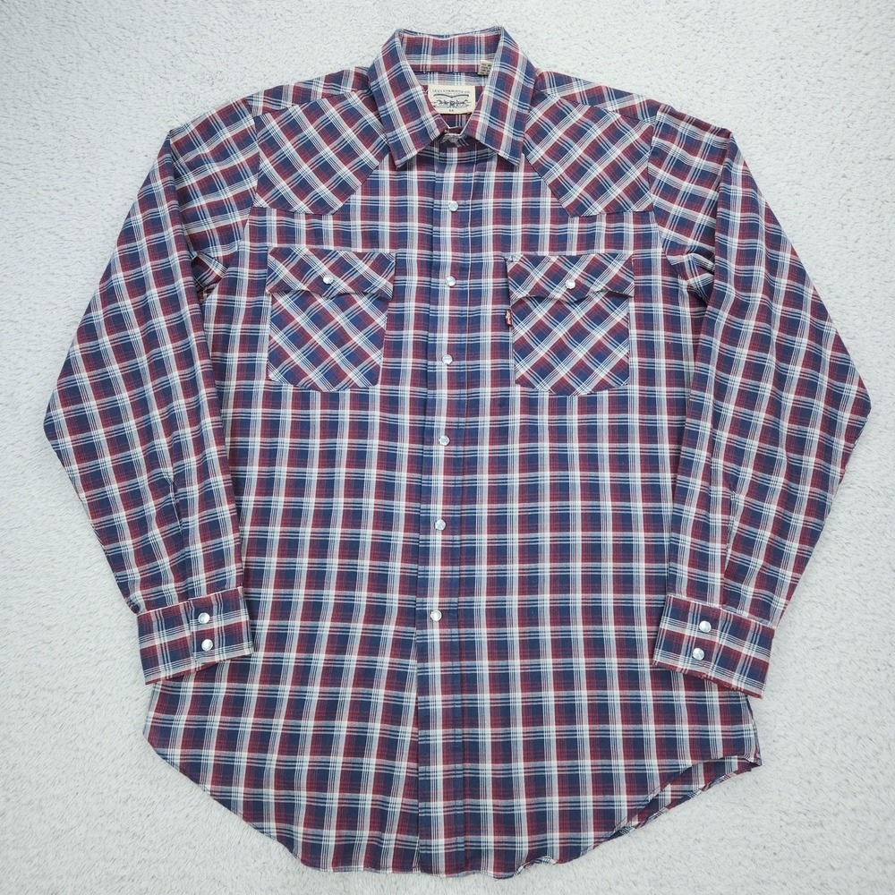 Vintage Levi Strauss & Co Shirt Mens Medium Blue Red Plaid Western Pearl Snap